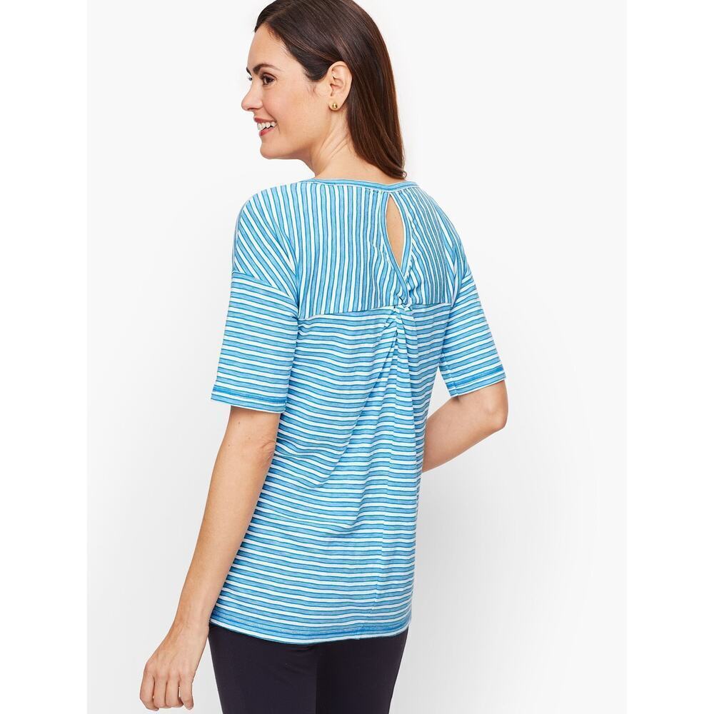 T By Talbots T-Shirt XS Blue Striped Keyhole Back Top Tee Short Sleeve Cotton